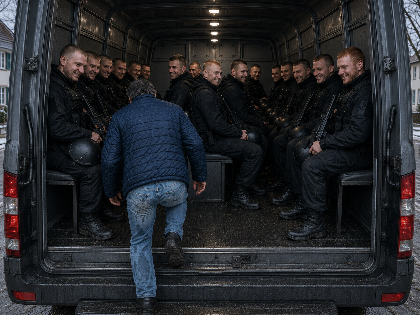 Dieter climbing aboard a van in Germany, a character in Water Water Everywhere