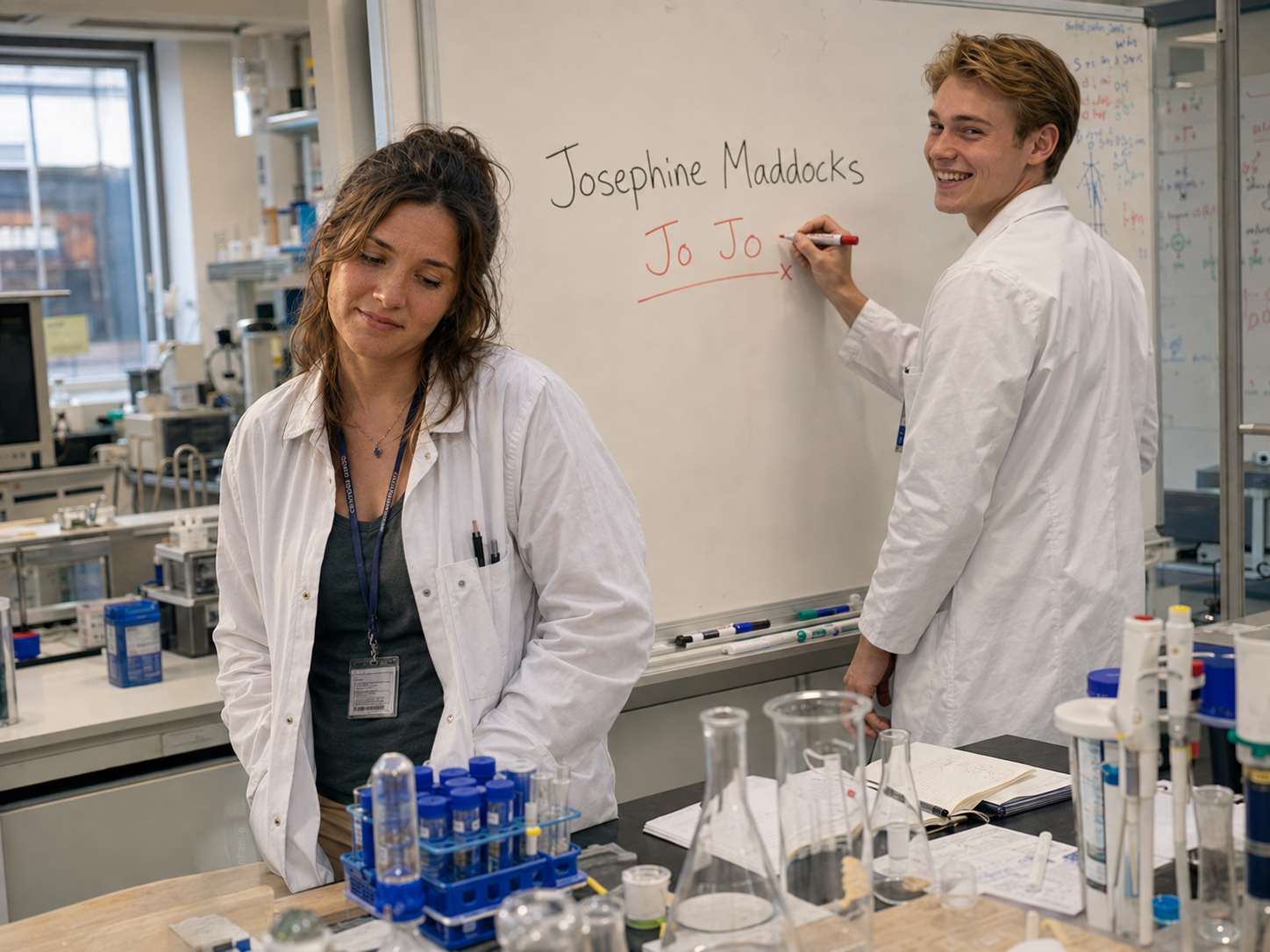 Josie working in a laboratory, a scientist and character in Water Water Everywhere