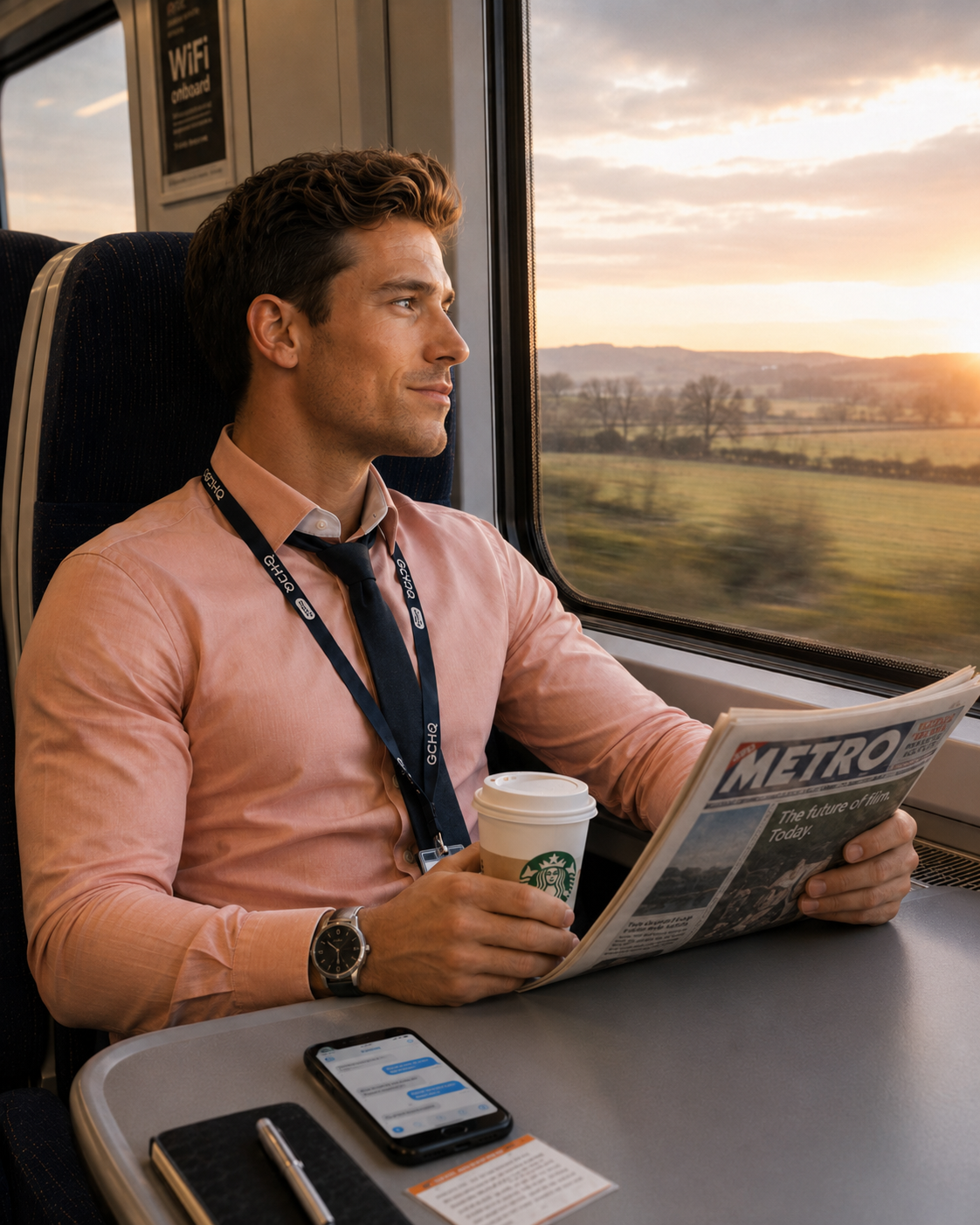 Kirk travelling by train, a GCHQ developer and character in Water Water Everywhere