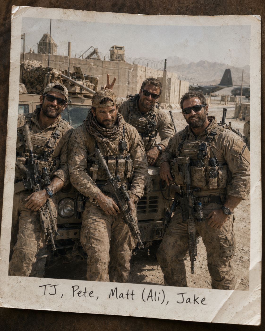 ‘TJ’ with his Special Forces colleagues in Afghanistan, characters in Water Water Everywhere